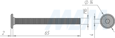 Размеры винта M6x65 мм с плоской головкой под шестигранник (артикул HXS M6 X65 FL)