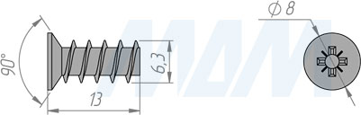 Размеры евровинта 6,3x13 мм с потайной головкой (артикул ES 6.3X13.0)