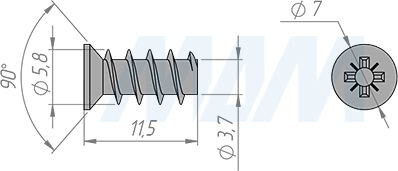 Размеры евровинта 6х11,5 мм с потайной головкой (артикул ES 6.0X11.5 MP)