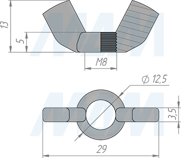 Размеры барашковой гайки М8 (артикул TN 8 MP)