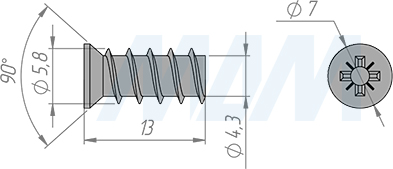 Размеры евровинта 6х13 мм с потайной головкой (артикул ES 6.0X13.0 MP)