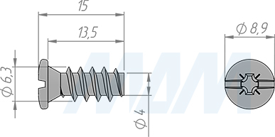 Размеры евровинта с полукруглой головкой, 6,3x13 мм (артикул V 6.3X13.0 MP)