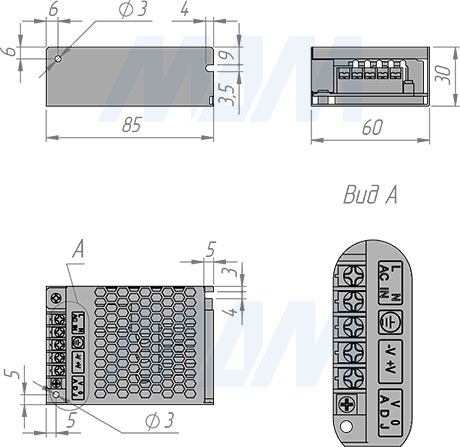 Размеры блока питания STANDART AC-230, DC-12V и DC-24V, IP20, 36W (артикул PS12-IP20-ST-36W и PS24-IP20-ST-36W)