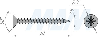 Размер самореза 3,5x30 мм с потайной головкой под крест (артикул CHS 3,5 X 30)