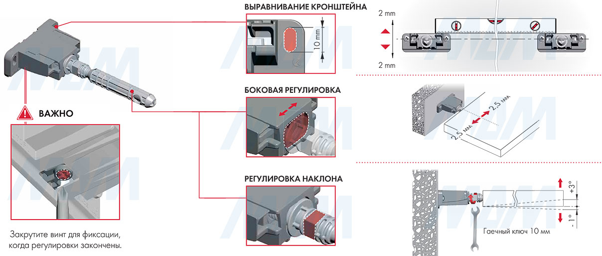 Регулировки скрытого менсолодержателя TRIADE PRO MAXI для деревянных полок толщиной от 40 мм (артикул P210524100)