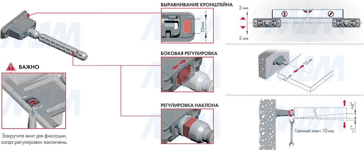 Регулировки скрытого менсолодержателя TRIADE PRO для деревянных полок толщиной от 30 мм (артикул 1623002000)