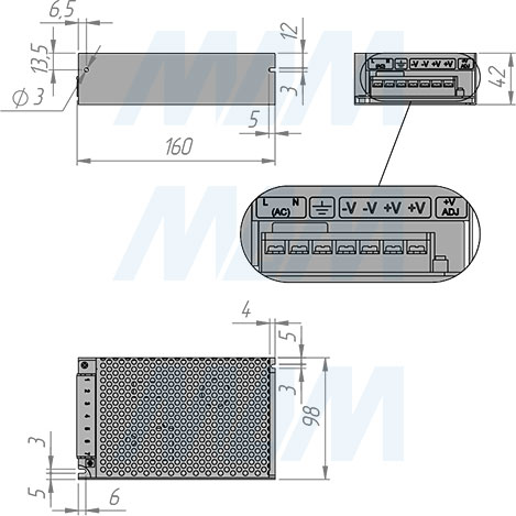 Размеры блока питания STANDART AC-230, DC-12V и DC-24V, IP20, 100W (артикул PS12-IP20-ST-100W и PS24-IP20-ST-100W)