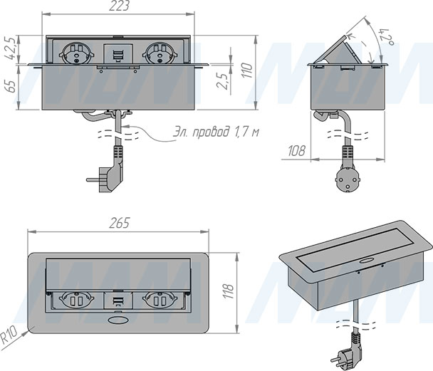 Размеры горизонтального выдвижного блока, 2 розетки, 2 USB (артикул RBS-2S-2USB)