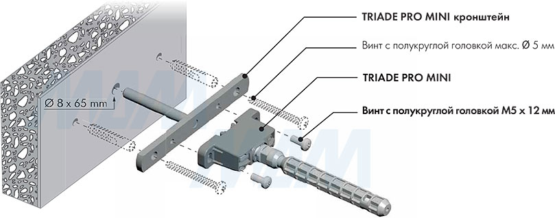 Установка скрытого менсолодержателя TRIADE PRO MINI с кронштейном для деревянных полок толщиной от 25 мм (артикул 1623001000 и 7020 798), схема 1