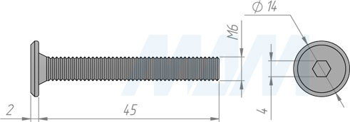 Размеры винта M6x45 мм с плоской головкой под шестигранник (артикул HXS M6 X45 FL)