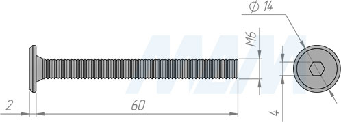 Размеры винта M6x60 мм с плоской головкой под шестигранник (артикул HXS M6 X60 FL)