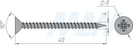 Размер самореза 4x40 мм с потайной головкой под крест (артикул CHS 4,0 X 40)