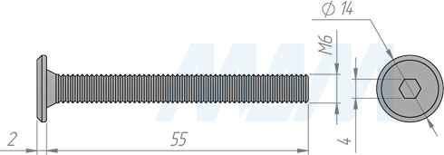 Размеры винта M6x55 мм с плоской головкой под шестигранник (артикул HXS M6 X55 FL)
