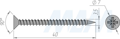 Размер самореза 3,5x40 мм с потайной головкой под крест (артикул CHS 3,5 X 40)