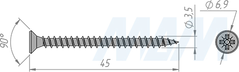 Размеры самореза 3,5х45 мм с потайной головкой под крест (артикул CHS 3,5 X 45 MP)