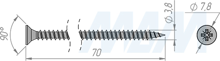 Размеры самореза 4х70 мм с потайной головкой под крест (артикул CHS 4,0 X 70 MP)