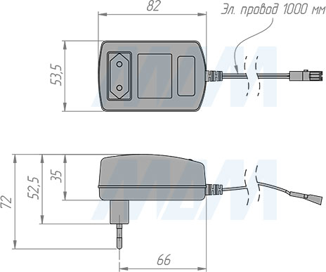 Размеры адаптера питания, AC-220/DC-12V (артикул PA12V-IP20)