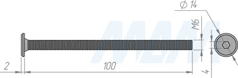 Размеры винта M6x100 мм с плоской головкой под шестигранник (артикул HXS M6 X100 FL)