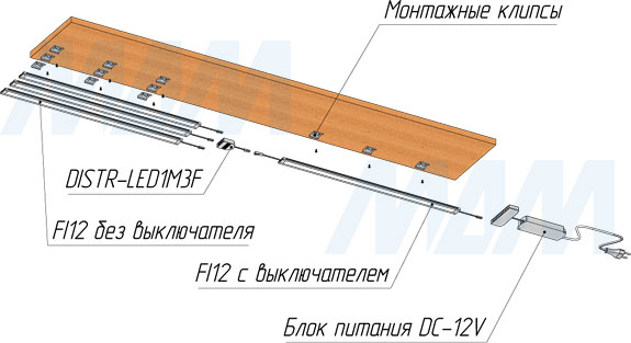 Установка светодиодного светильника FINO с сенсорным выключателем для подсветки под корпусом (артикул FI12-TS), чертеж 1