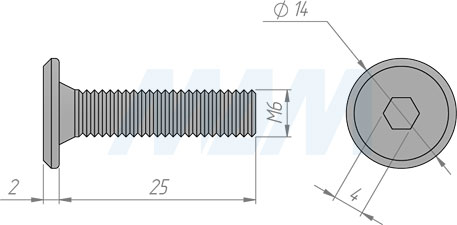 Размер винта М6х25 мм с плоской головкой под шестигранник (артикул HXS M6 X25 FL)