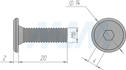 Размер винта М6х20 мм с плоской головкой под шестигранник (артикул HXS M6 X20 FL)