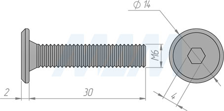 Размер винта М6х30 мм с плоской головкой под шестигранник (артикул HXS M6 X30 FL)