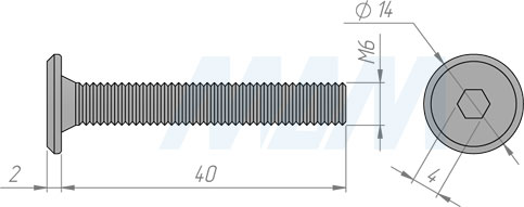 Размеры винта M6x40 мм с плоской головкой под шестигранник (артикул HXS M6 X40 FL)