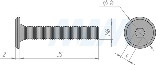 Размер винта М6х35 мм с плоской головкой под шестигранник (артикул HXS M6 X35 FL)