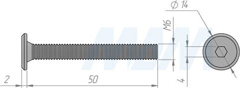 Размеры винта M6x50 мм с плоской головкой под шестигранник (артикул HXS M6 X50 FL)