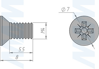 Размеры винта с потайной головкой под крест, M4x8 мм, черный (артикул WS M4X8 MP)