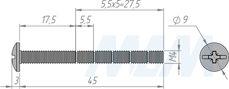 Размеры универсального винта M4х45 мм с полукруглой головкой под крест (артикул ZZ150 M4 X45 MP)