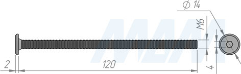 Размеры винта M6x120 мм с плоской головкой под шестигранник (артикул HXS M6 X120 FL)