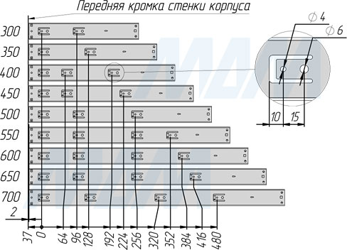 Присадочные размеры на корпус шариковых направляющих VEKTOR BS45 SOFT высотой 45 мм полного выдвижения  с плавным закрыванием