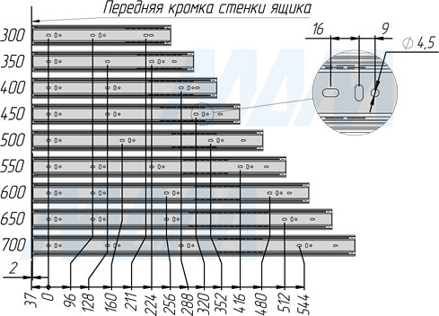 Присадочные размеры на ящик шариковых направляющих VEKTOR BS45 SOFT высотой 45 мм полного выдвижения  с плавным закрыванием