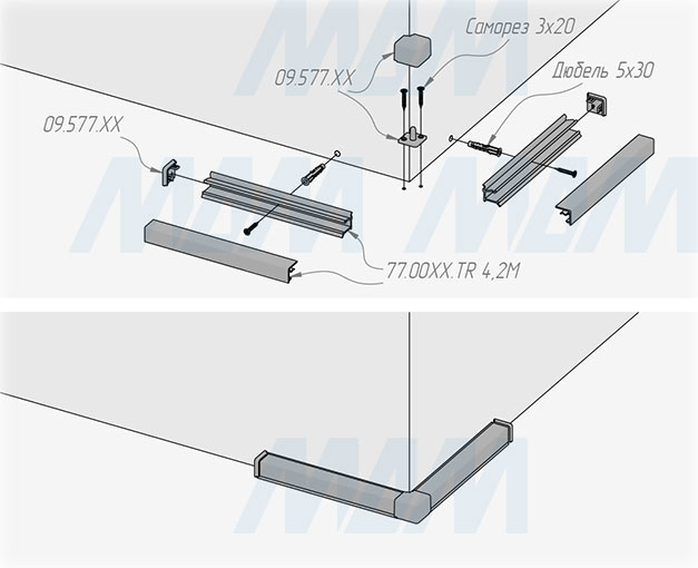 Монтаж внешнего угла квадратного алюминиевого плинтуса (артикул 77 TR)