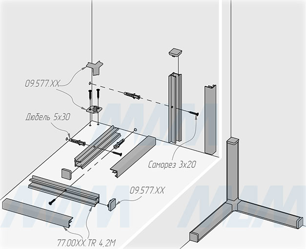 Монтаж трехмерного угла квадратного алюминиевого плинтуса (артикул 77 TR)