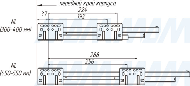 Присадочные размеры для направляющих при установке ящика M-TECH (артикул MT)