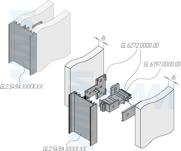 Установка проставки GOLATIME для фасадов 16 мм с профилем GL2.549A (артикул GL.6272.0000.00)