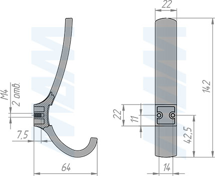 Размеры двухрожкового крючка VERSA (артикул HK.31)