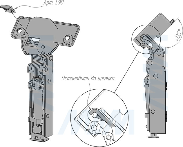 Установка ограничителя угла открывания петли HARMONY (артикул L90)