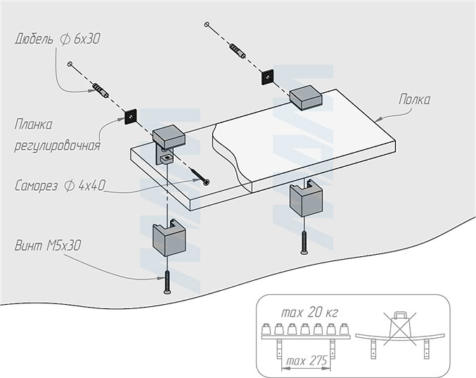 Установка менсолодержателя КВАДРО 30х30 мм для деревянных и стеклянных полок 5-21 мм (артикул SU20A), схема 1
