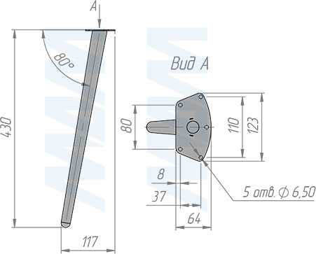 Размеры конусной опоры CONE для стола, 123x430 мм (артикул CON123x430)