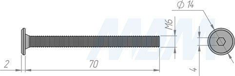 Размеры винта M6x70 мм с плоской головкой под шестигранник (артикул HXS M6 X70 FL)