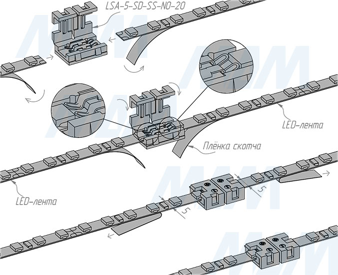 Установка коннектора STANDART для соединения светодиодной ленты 5 мм между собой стык в стык, IP20 (артикул LSA-5-SD-SS-NO-20)