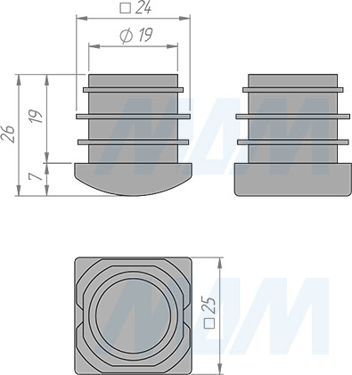 Размеры заглушки-подпятника для трубы 25х25 мм с полусферической шляпкой (артикул HL.S.25X25.HR)